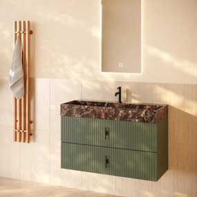 Muebles Murcia badmeubel ribbelfront 100cm legergroen met Dark Emperador wastafel met kraangat