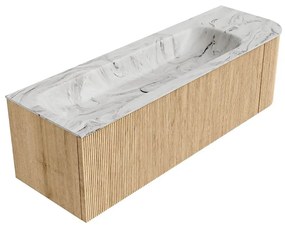 Mondiaz Kurve-dlux 145cm badmeubel ronding rechts oak met 1 lade en deur en wastafel big large links zonder kraangat glace