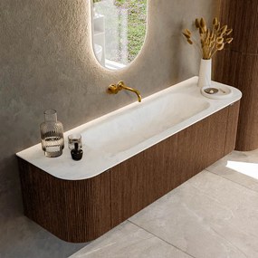 Mondiaz Kurve-dlux 160cm badmeubel ronding links/rechts walnut met 1 lade en 2 deuren en wastafel big medium midden zonder kraangat opalo