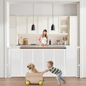 VEVOR Intrekbaar babyhekje (max. 180 cm breed x 87 cm hoog), intrekbaar hek voor kinderen of huisdieren, gaasmateriaal, deurstophekje voor binnentrappen, deuren, gangen, speelkamers, wit