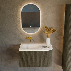Mondiaz Kurve-dlux 75cm badmeubel ronding rechts shadow met 1 lade en deur en wastafel grunne links zonder kraangat frappe