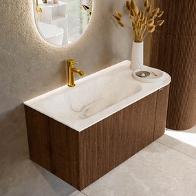 Mondiaz Kurve-dlux 95cm badmeubel ronding rechts walnut met 1 lade en deur en wastafel big small kraangat links frappe