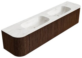 Mondiaz Kurve-dlux 200cm badmeubel ronding links/rechts walnut met 2 lades en deuren en wastafel stor small dubbel 2 kraangaten ostra