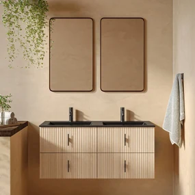 Muebles Marbella badmeubel ribbelfront 120cm naturel eiken met zwarte wastafel met kraangat
