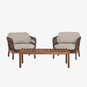 Woonkamerset Met 2 Stoelen Van Gevlochten Touw En Salontafel Van Acaciahout Karvia Acacia Bruin & Hazelnootbruin Doek - Sklum