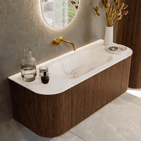 Mondiaz Kurve-dlux 120cm badmeubel ronding links/rechts walnut met 1 lade en 2 deuren en wastafel big small midden zonder kraangat frappe