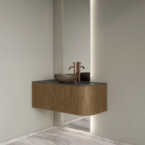 Gliss Design Alluro badmeubel ribbelfront met ronding rechts 100cm castle brown en zwart leisteen toppaneel