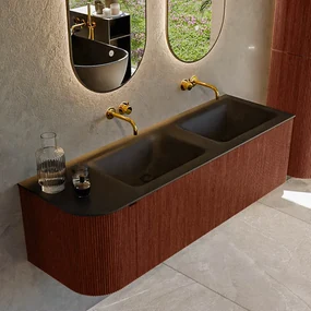 Mondiaz Kurve 145cm badmeubel ronding links ruby met 1 lade en deur en wastafel cloud dubbel/rechts zonder kraangat urban