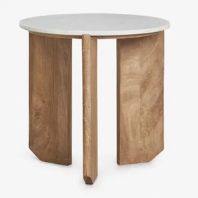 Lavinia Ronde Bijzettafel Ø50 Cm In Natuursteen En Mangohout Wit Marmer & Natuurlijk Hout & Ø50 Cm - Sklum