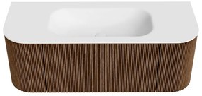 Mondiaz Kurve 120cm badmeubel ronding links/rechts walnut met 1 lade en 2 deuren en wastafel big small midden 1 kraangat