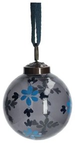 Kerstbal, beschilderd, blauw glas, bloemen, 7 cm