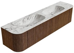 Mondiaz Kurve-dlux 190cm badmeubel ronding links/rechts walnut met 2 lades en deuren en wastafel stor small dubbel zonder kraangat glace