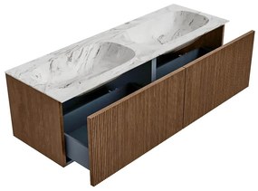 Mondiaz Kurve-dlux 140cm badmeubel walnut met 2 lades en wastafel stor small dubbel zonder kraangat glace