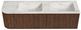 Mondiaz Kurve-dlux 155cm badmeubel ronding links walnut met 2 lades en 1 deur en wastafel leaf dubbel/rechts zonder kraangat ostra