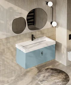 Muebles Calas badmeubel ribbelfront 100cm baby blauw met solid surface wastafel met kraangat