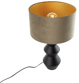 Design tafellamp zwart 16 cm velours kap taupe met goud 35 cm - Alisia Design E27 rond Binnenverlichting Lamp