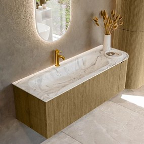 Mondiaz Kurve-dlux 135cm badmeubel ronding rechts dusk met 1 lade en deur en wastafel big medium kraangat links glace