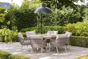 Taste by 4 Seasons Puglia low dining set latte met Low Donato tafel met keramisch blad Ø 160 cm  Tuinset    taupe weerbestendig