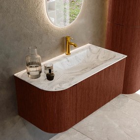Mondiaz Kurve-dlux 95cm badmeubel ronding links ruby met 1 lade en deur en wastafel big small kraangat rechts glace