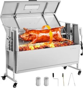 VEVOR Lamsgrill 38 W 60 kg 1168,4 mm Draaispit Grill voor Speenvarkens, Roestvrij Staal, voor Tuin en Terras, 4 Hoogte-instellingen, Vergrendelbare Wielen, Inclusief Grilltang, Opklapbare Dekselbeschermer, Borstel en Kruidenbakje