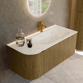 Mondiaz Kurve-dlux 105cm badmeubel ronding links dusk met 1 lade en deur en wastafel big small kraangat rechts ostra