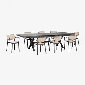 Uitschuifbare Rechthoekige Tafelset 240-300x100 Cm Karena En 8 Stapelbare Tuinstoelen Met Armleuningen Omara Grijs – Grafiet - Sklum