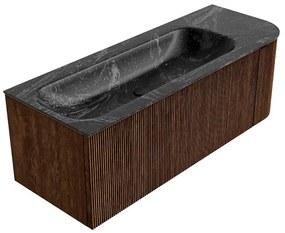 Mondiaz Kurve-dlux 125cm badmeubel ronding rechts walnut met 1 lade en deur en wastafel big medium kraangat links lava