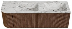 Mondiaz Kurve-dlux 145cm badmeubel ronding links walnut met 1 lade en deur en wastafel leaf dubbel/rechts 2 kraangaten glace
