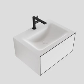 Zaro Lagom volledig naadloos solid surface onderkast 60cm mat zwart met 1 lade Push tot open. Compleet met solid surface wastafel met 1 kraangat(en)