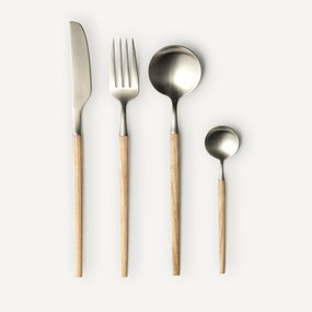 Bestek 16-delig, inox en essenhout, Emako