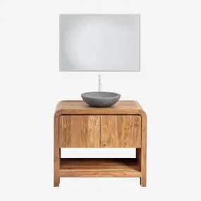 Vacry Houten Badkamermeubelset Acacia Bruin & Rond Grijs Cement Ø40 Cm Tarsis & Rechthoekige Led En Anticondens 100x70 Cm Riben & Wit ↑30 Cm Met Aftap