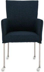 Goossens Eetkamerstoel Funk RVS Poten blauw stof met armleuning en met wielenTransparant skater wiel met rvs kap, modern design