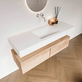 Zaro Alan badmeubel 130cm washed oak 2 lades met vrijhangende wastafel cloud midden zonder kraangat talc