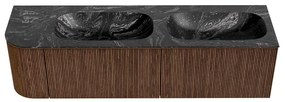 Mondiaz Kurve-dlux 165cm badmeubel ronding links walnut met 2 lades en 1 deur en wastafel stor small dubbel/rechts 2 kraangaten lava