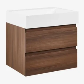 Badkamermeubelset Van Hout En Essenhoutfineer Met Geïntegreerde Wastafel Ona Donker Hout & Spiegelloze & Zonder Kraan & ↔︎ 60 Cm - Sklum