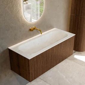 Mondiaz Kurve-dlux 110cm badmeubel walnut met 1 lade en wastafel big medium midden zonder kraangat opalo