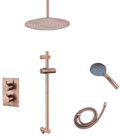 Saniclear Copper inbouwregendouche 30cm met plafondarm, 3 standen handdouche en glijstang geborsteld koper