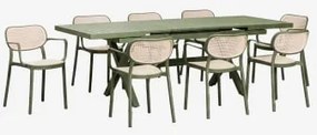 Uitschuifbare Rechthoekige Tafel 180-240x90 Cm Van Aluminium Karena En 8 Stapelbare Tuinstoelen Met Armleuningen Omara Groen – Intens Olijf - Sklum