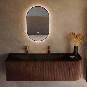 Mondiaz Kurve 145cm badmeubel ronding rechts ruby met 1 lade en deur en wastafel big large links 2 kraangaten urban