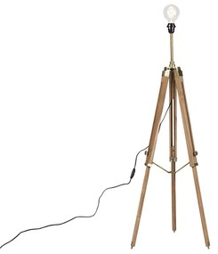 Landelijke vloerlamp tripod hout met antiek messing - Cortin Landelijk / Rustiek Binnenverlichting Lamp