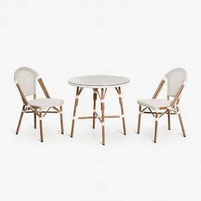 Set Ronde Tafel Ø80 Cm En 2 Stapelbare Tuinstoelen In Textiel En Aluminium Brielle Bistro Gardenia Wit - Sklum