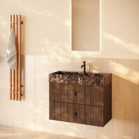 Muebles Murcia badmeubel ribbelfront 80cm walnoot met Dark Emperador wastafel met kraangat