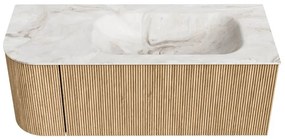 Mondiaz Kurve-dlux 115cm badmeubel ronding links oak met 1 lade en deur en wastafel big small rechts zonder kraangat frappe