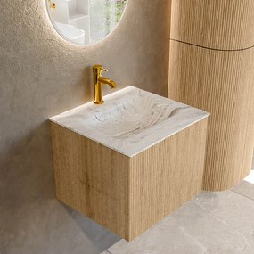 Mondiaz Kurve-dlux 50cm badmeubel oak met 1 lade en wastafel grunne midden 1 kraangat glace