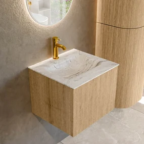 Mondiaz Kurve-dlux 50cm badmeubel oak met 1 lade en wastafel grunne midden 1 kraangat glace