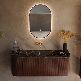 Mondiaz Kurve-dlux 120cm badmeubel ronding links/rechts ruby met 1 lade en 2 deuren en wastafel big small midden zonder kraangat lava
