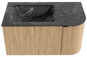 Mondiaz Kurve-dlux 85cm badmeubel ronding rechts oak met 1 lade en deur en wastafel cloud links zonder kraangat lava