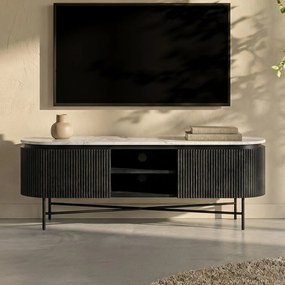 Ovaal Tv-meubel Zwart Met Wit Marmer - 150x40x54cm.