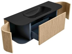 Mondiaz Kurve 130cm badmeubel ronding links/rechts oak met 1 lade en 2 deuren en wastafel big small midden zonder kraangat urban
