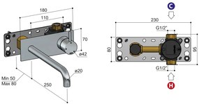 Hotbath Cobber inbouw wastafelkraan 25cm met plaat gepolijst messing PVD